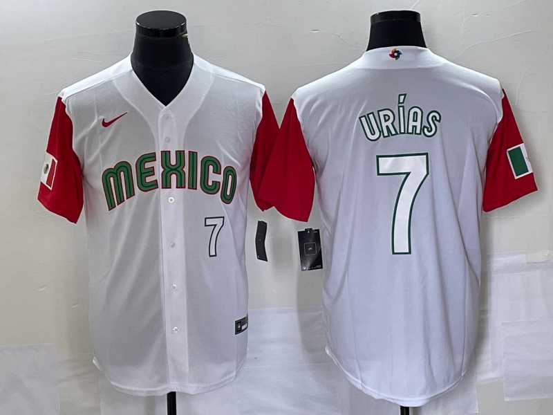 Men's Mexico Baseball #7 Julio Urias Number 2023 White Red World Classic Stitched Jersey 36